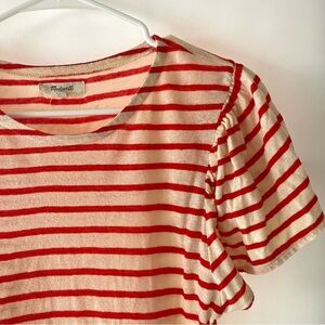 Madewell | beige red striped t shirt with ruffled sleeves